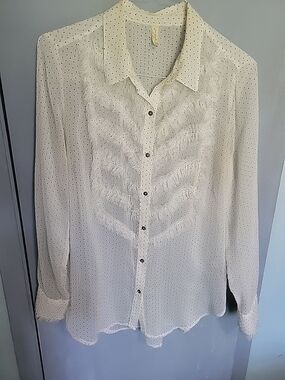 Free People White Polka Dot Sheer Tuxedo Blouse Sz Large